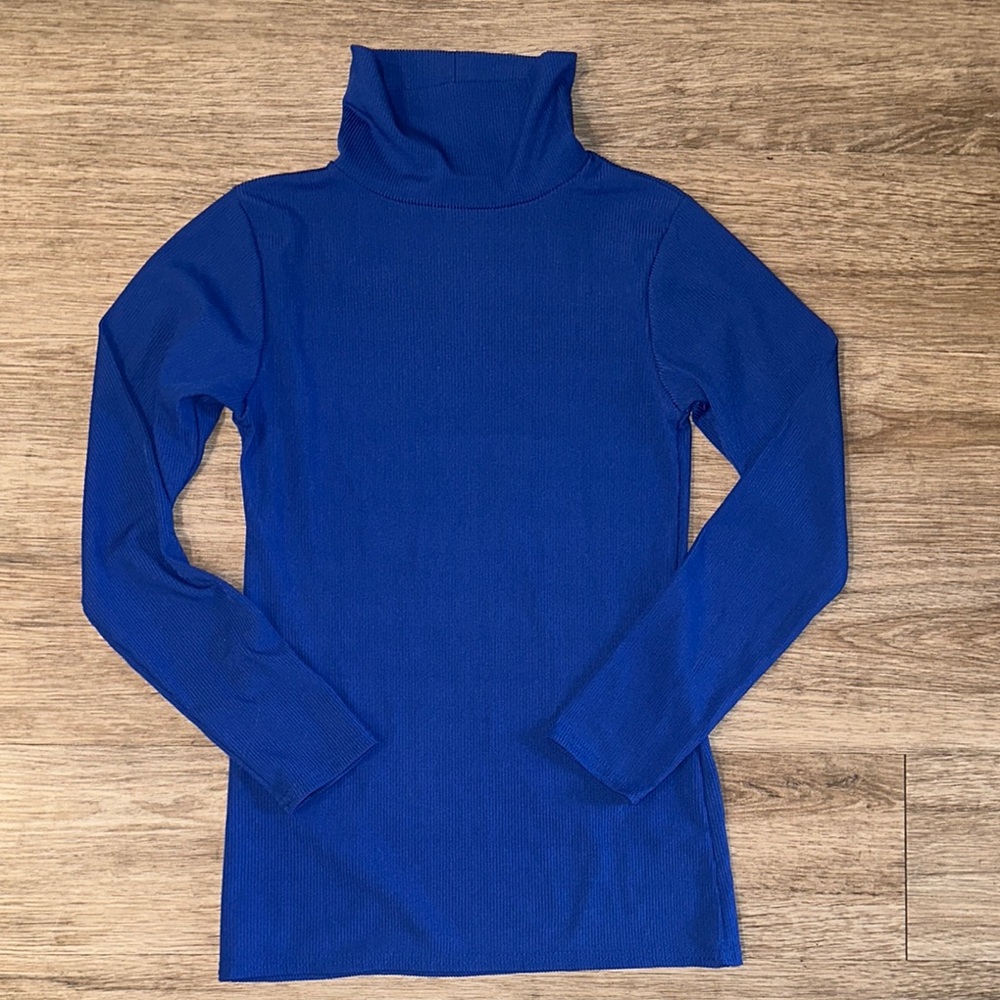 Blue Ribbed Turtleneck Long Sleeve Top